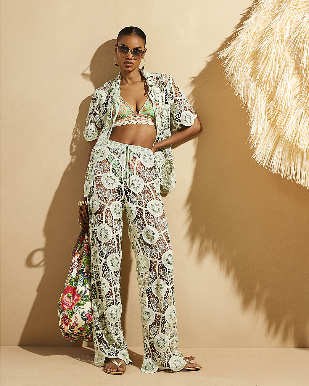 Green Lace Long-Sleeved Shirt and Trousers Set