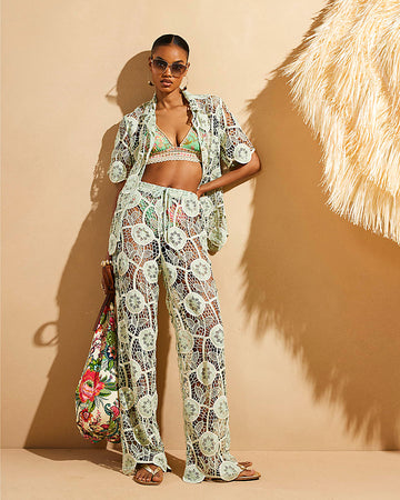 Green Lace Long-Sleeved Shirt and Trousers Set