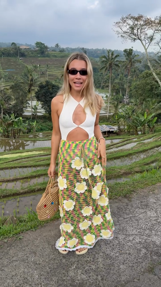 White Cut - Out Halter Top with Floral Crochet Maxi Skirt