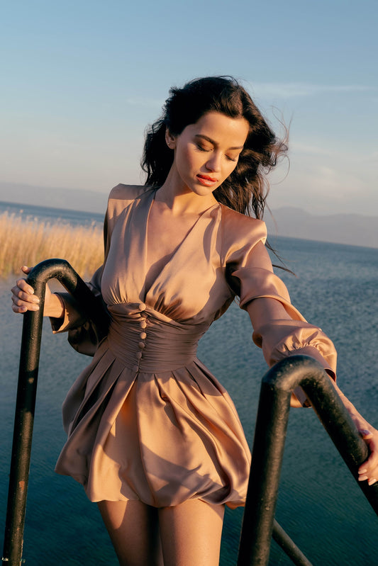 Beige Satin Deep V - Neck Dress