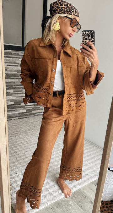 Brown Suede Embroidered Jacket with Matching Pants