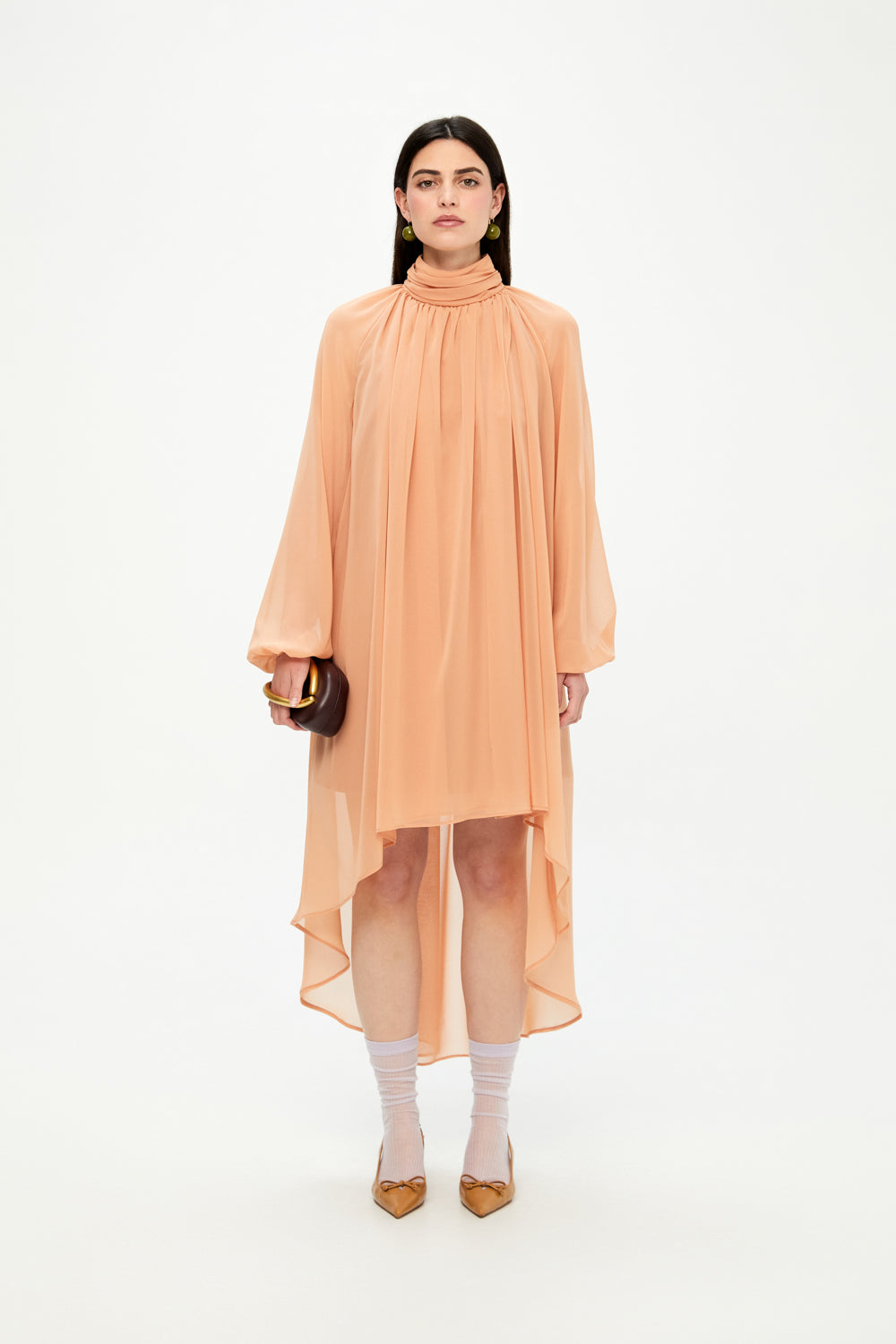 Peach - Colored High - Neck Chiffon Dress