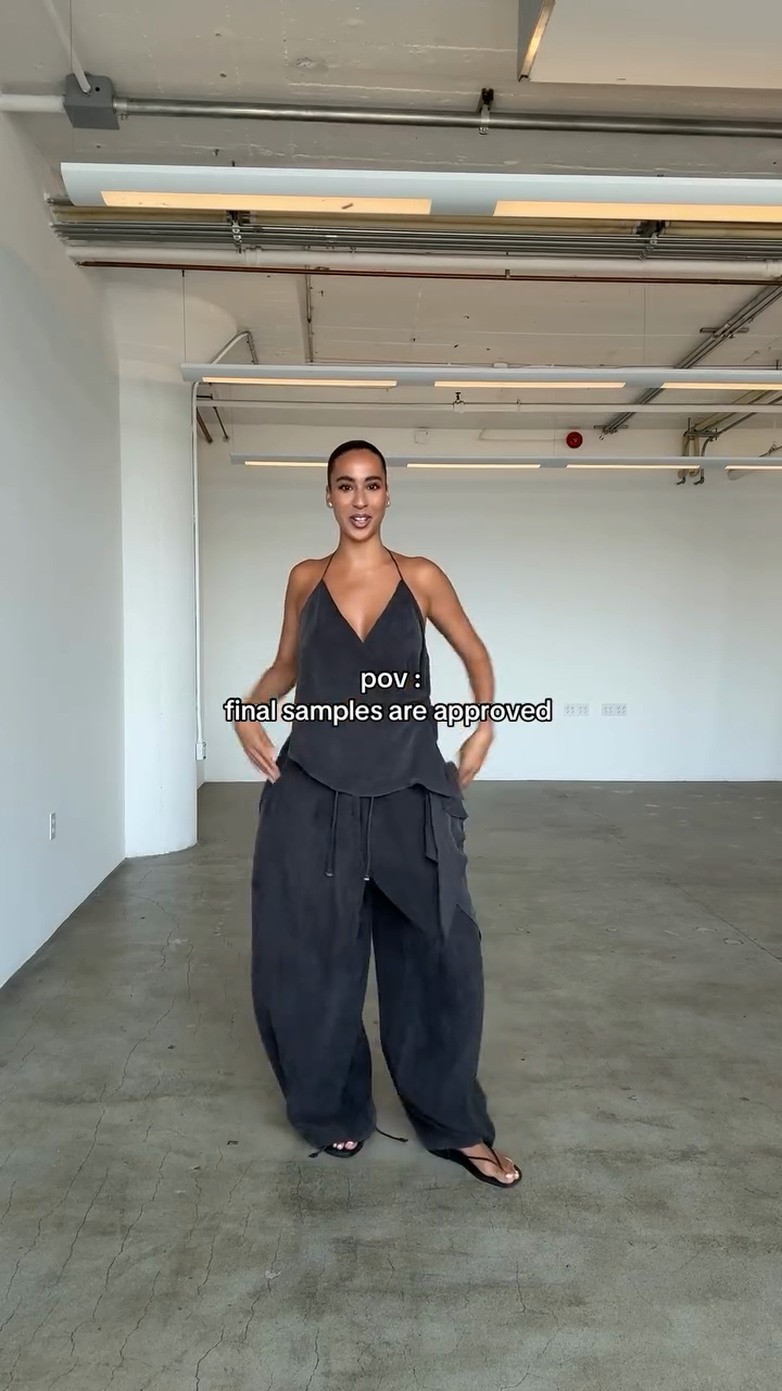 Black V - Neck Halter Top and Wide - Leg Pants Set