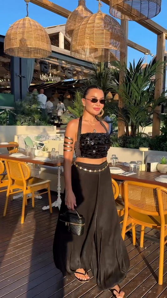 Black Sequin Halter Crop Top and Wide - Leg Skirt Set