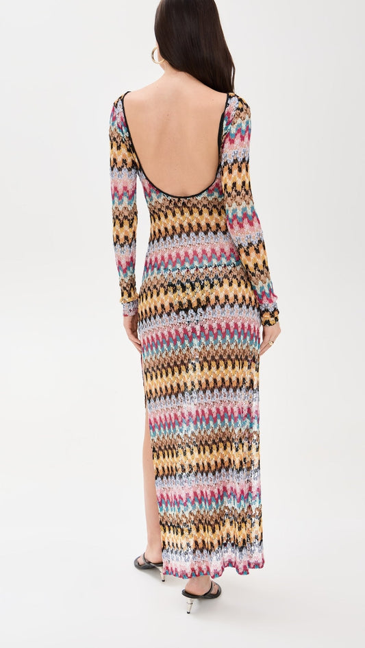 Colorful Chevron - Patterned Long - Sleeve Maxi Dress