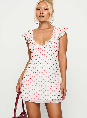 White Polka Dot Mini Dress with Ruffled Sleeves