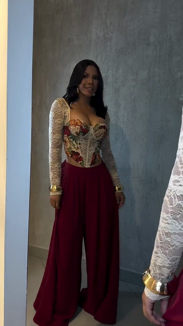 Floral Lace Corset Top and Burgundy Wide - Leg Pants Set