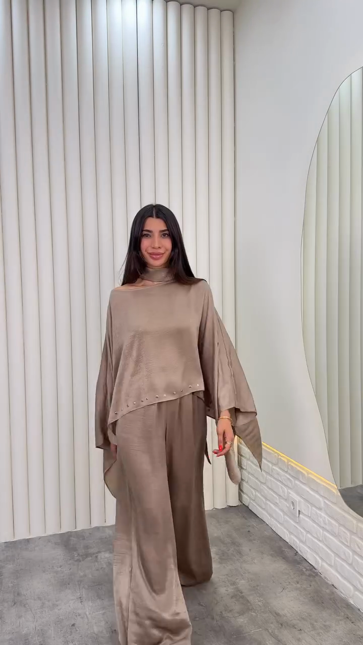 Beige Off - Shoulder and High - Waisted Pants Set