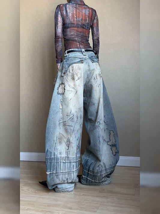 Embroidered Wide - Leg Denim Trousers