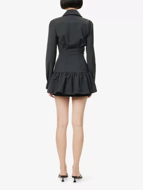 Black Double - Breasted Ruffled Hem Dress