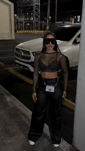 Black Sheer Mesh Top and Satin Pants Set