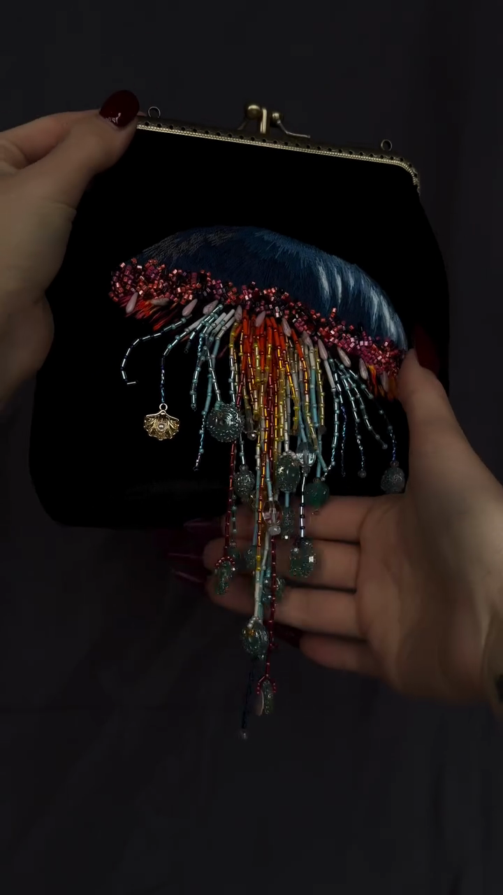 Black Velvet Clutch Bag with Jellyfish Embellishment