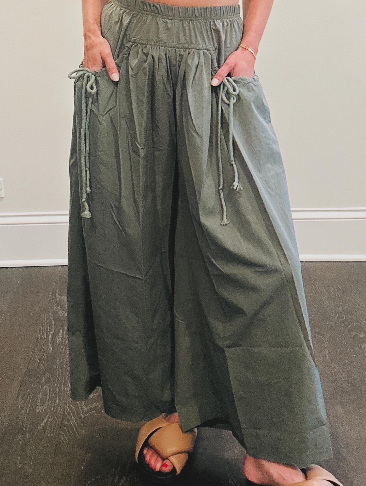 Olive Green Wide - Leg Drawstring Pants