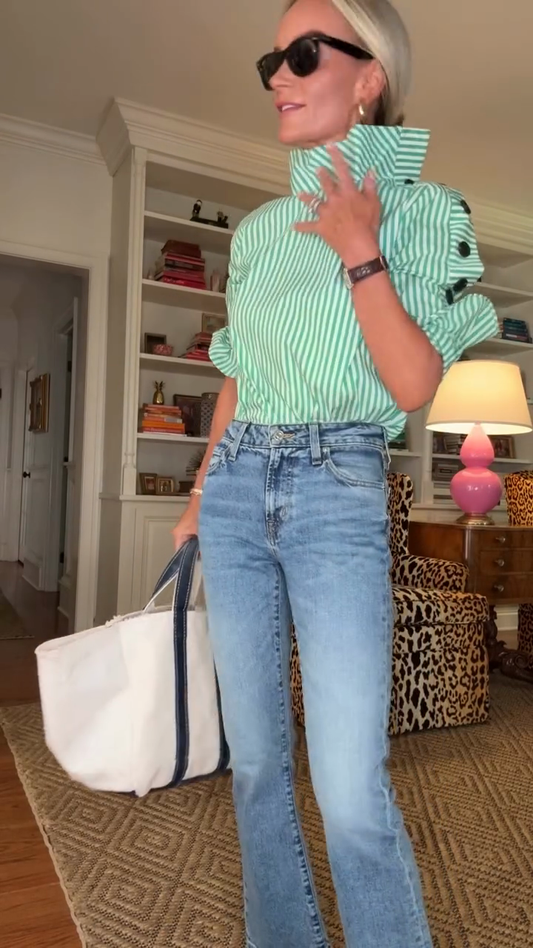 Green and White Striped High - Neck Blouse