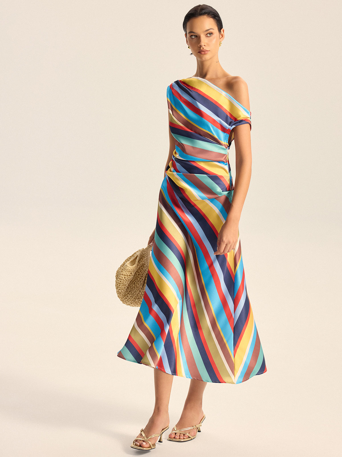 Multicolored Striped Off - the - Shoulder Midi Dress