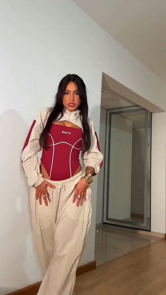 Beige and Red Athleisure Co - ord Set