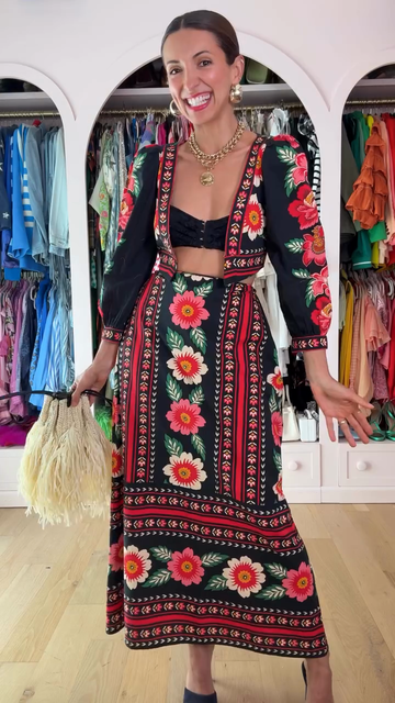 Floral Print Kimono - Style Cardigan and Midi Skirt Set