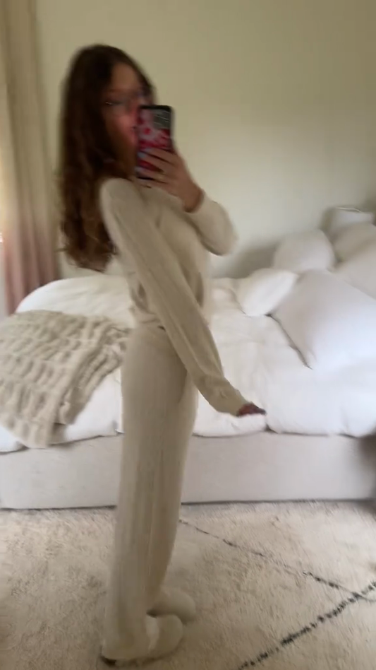 Cream - Colored Knit Hoodie and Pant Set