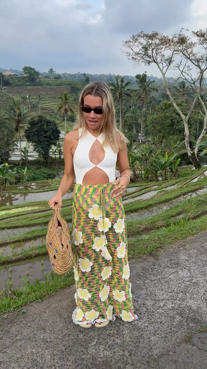 White Cut - Out Halter Top with Floral Crochet Maxi Skirt