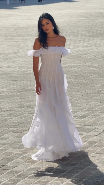 Off - Shoulder Ruffled White Maxi Dress