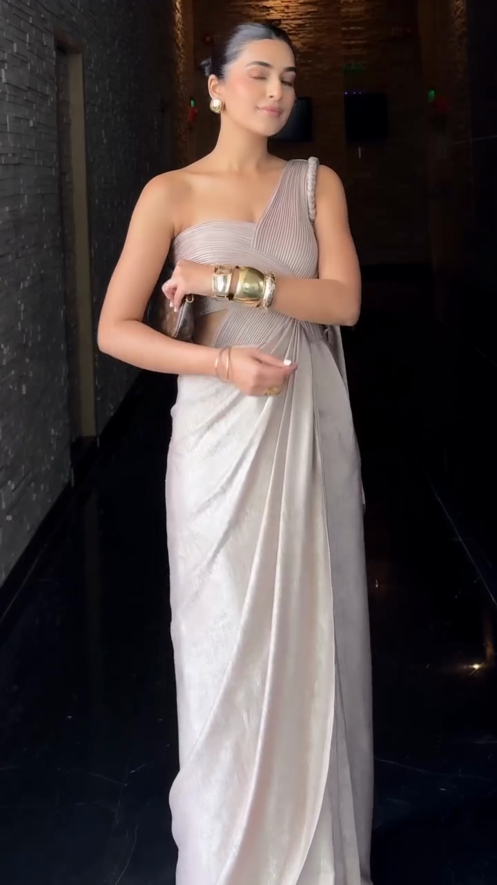 Elegant One - Shoulder Pleated Saree Gown