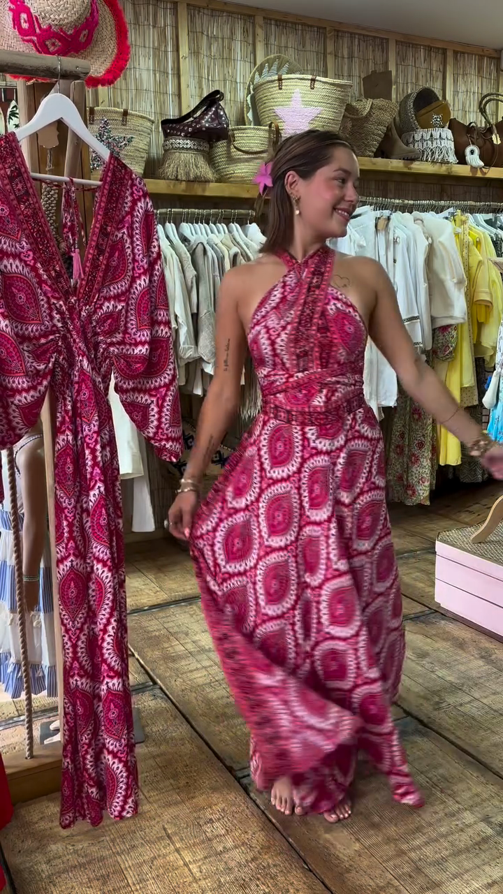 Boho - Chic Pink Patterned Halter Maxi Dress
