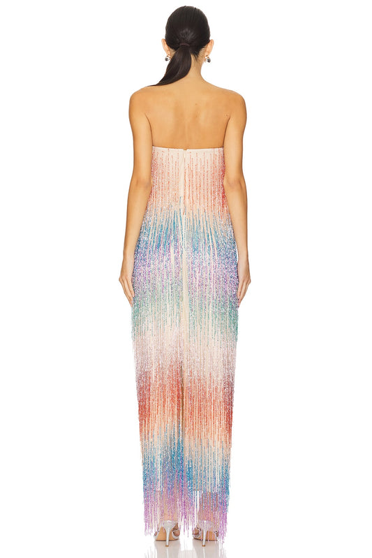 Rainbow Fringe Strapless Maxi Dress