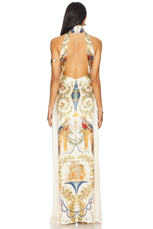 White Halter Neck Maxi Dress with Exotic Print