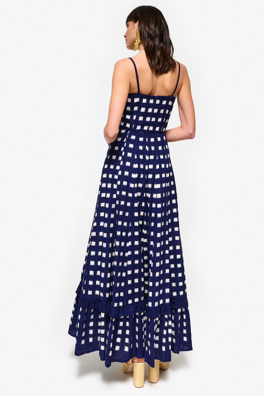 Navy Blue and White Checkered Maxi Dress