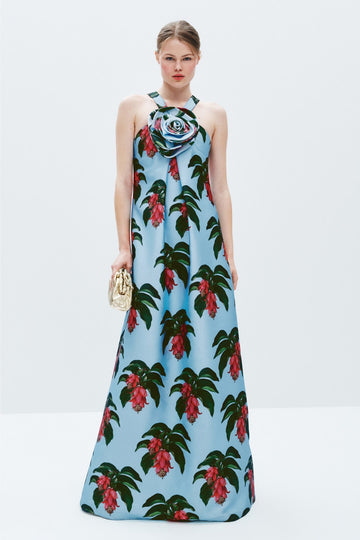 Floral Halter Maxi Dress with Rosette Detail
