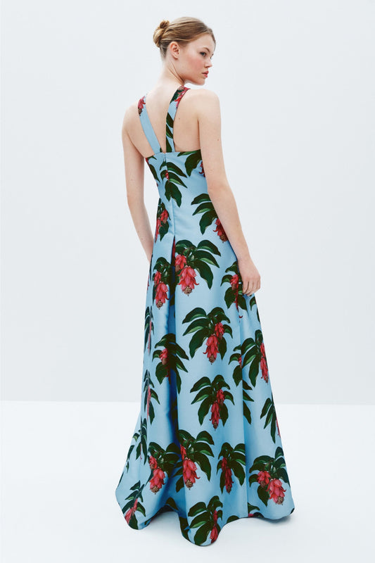 Floral Halter Maxi Dress with Rosette Detail
