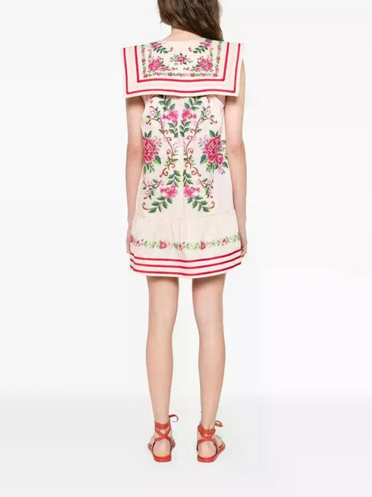 Floral Embroidered Sailor - Collar Mini Dress