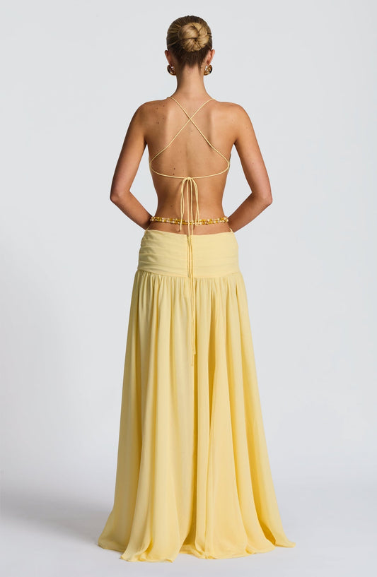 Yellow Deep - V Backless Maxi Dress with Floral Embellishment
