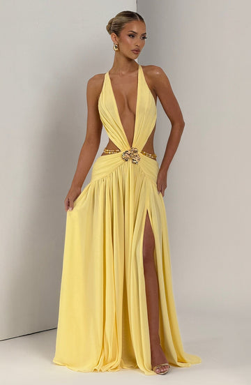Yellow Deep - V Backless Maxi Dress with Floral Embellishment