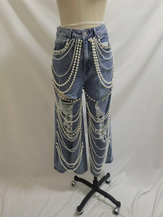 Pearl - Embellished Distressed Wide - Leg Jeans