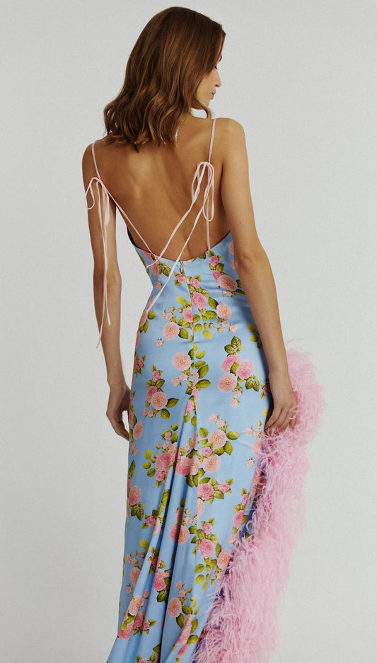 Blue Floral Print Satin Maxi Dress with Feather Trim