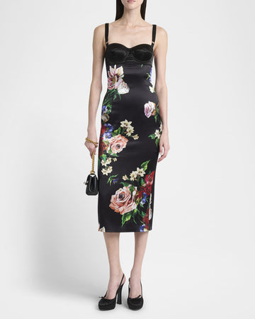 Black Satin Floral Print Midi Dress