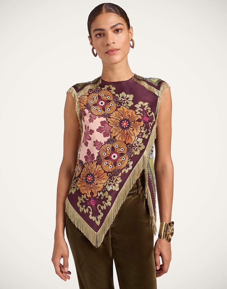 Floral - Print Sleeveless Fringe Top