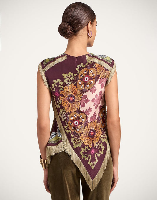 Floral - Print Sleeveless Fringe Top