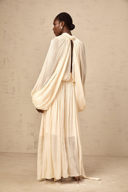 Cream - Colored Maxi Dress with Cape - Like Sleeves