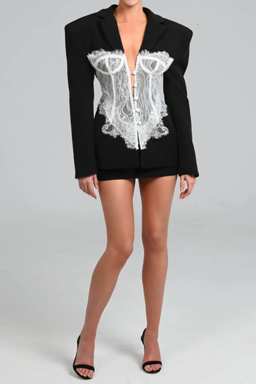 Black Blazer with White Lace Corset Detail