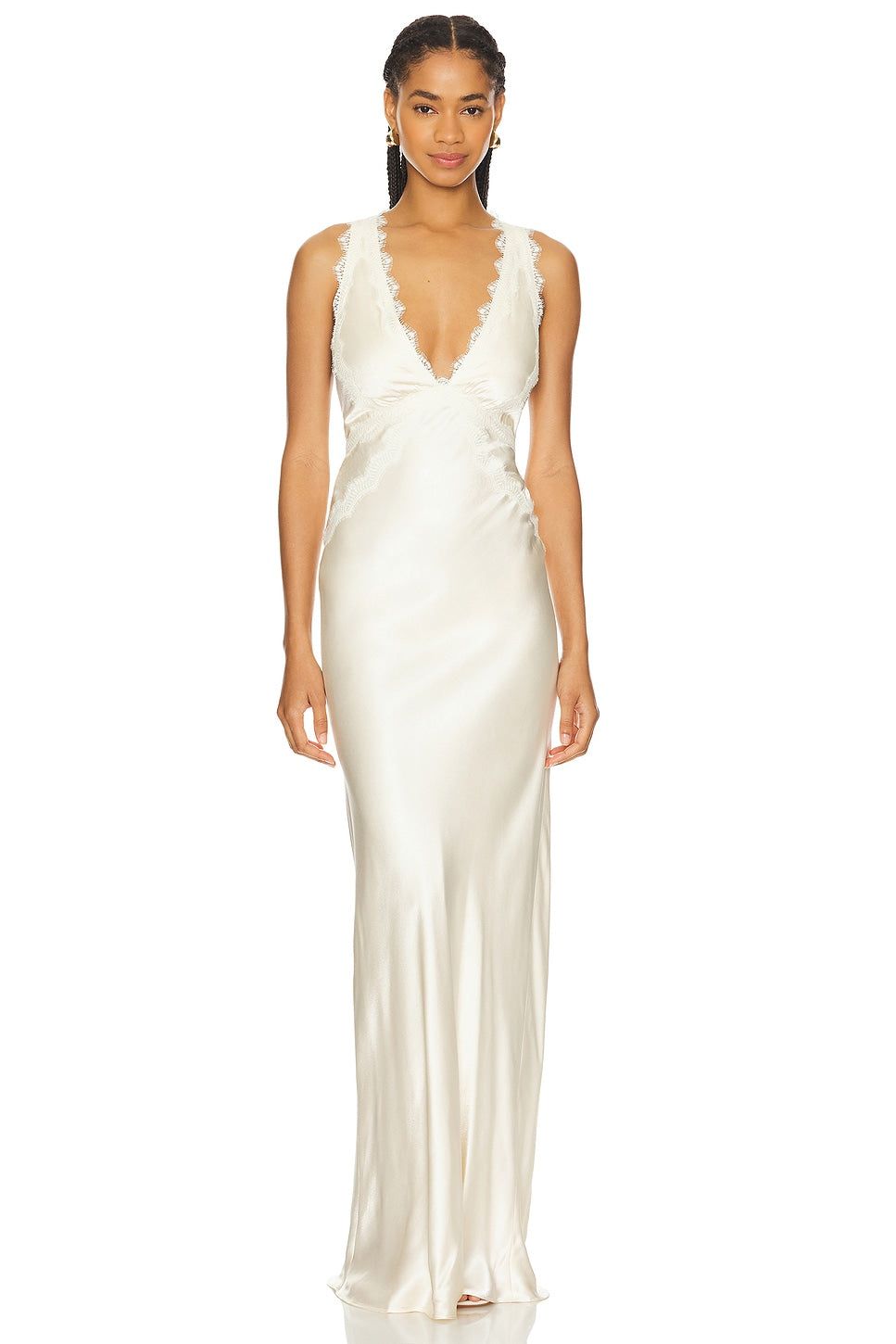 White Satin V - Neck Maxi Dress with Lace Trim