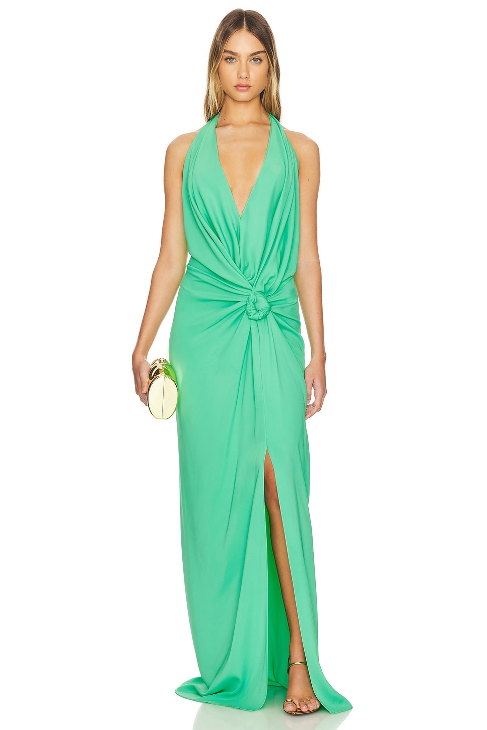 Green Halter - Neck Maxi Dress with Knot Detail