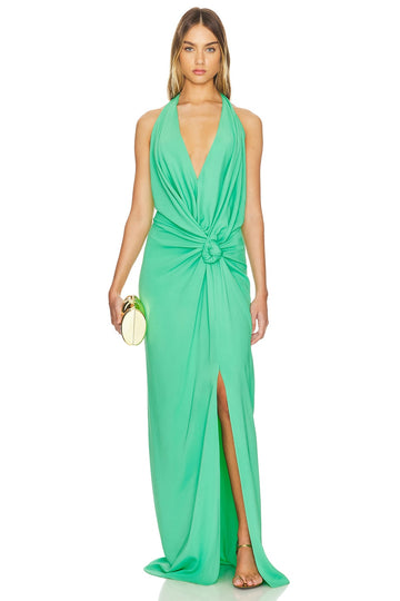 Green Halter - Neck Maxi Dress with Knot Detail