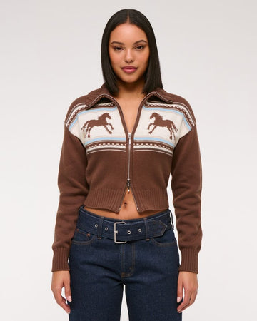 Brown Zip - Up Horse - Print Knit Sweater