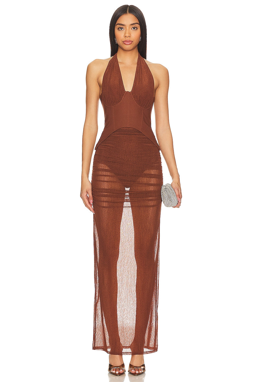 Brown backless see-through maxi dress