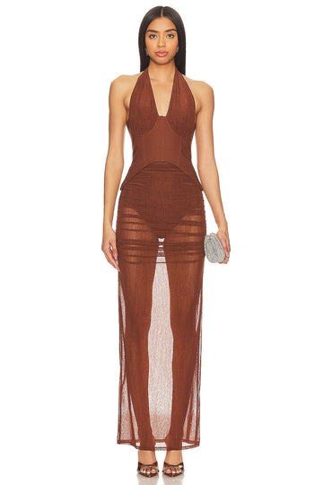 Brown backless see-through maxi dress