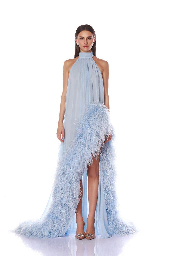 Light blue feather embellished open back dress