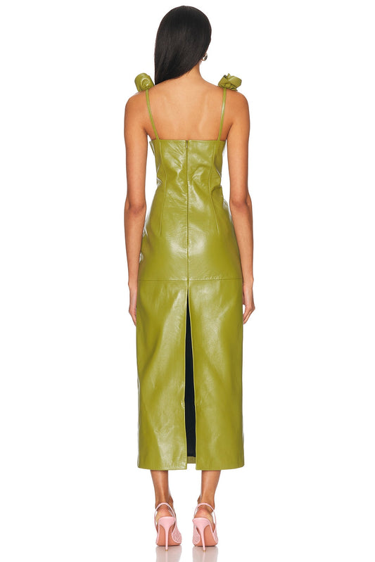 Olive Green Faux Leather Midi Dress