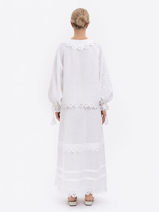 White Embroidered Linen Co - ord Set